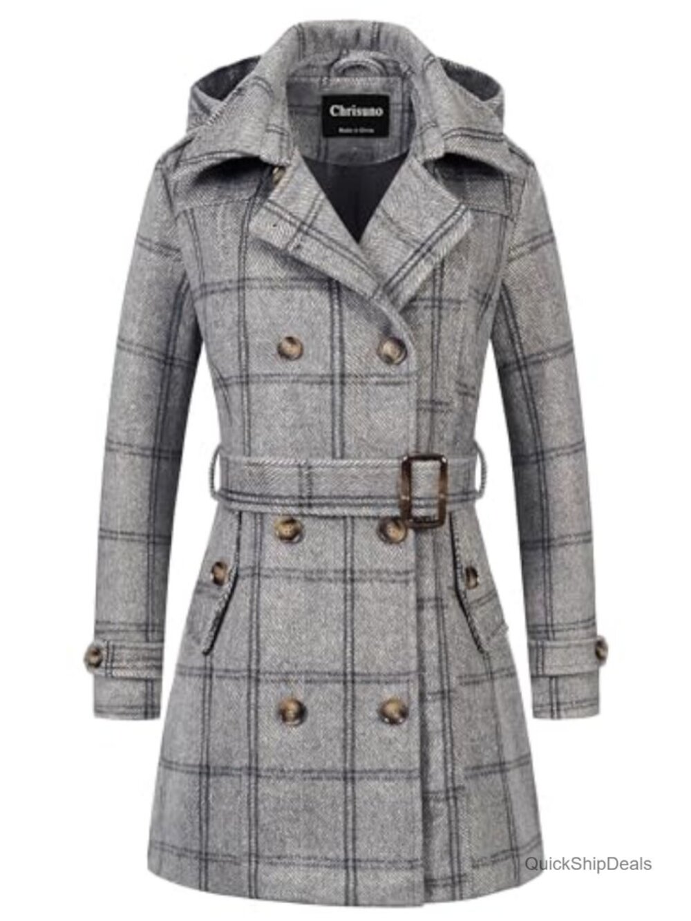 Women's Double Breasted Pea Coat Hooded Long Winter Trench Coat Wool Blend